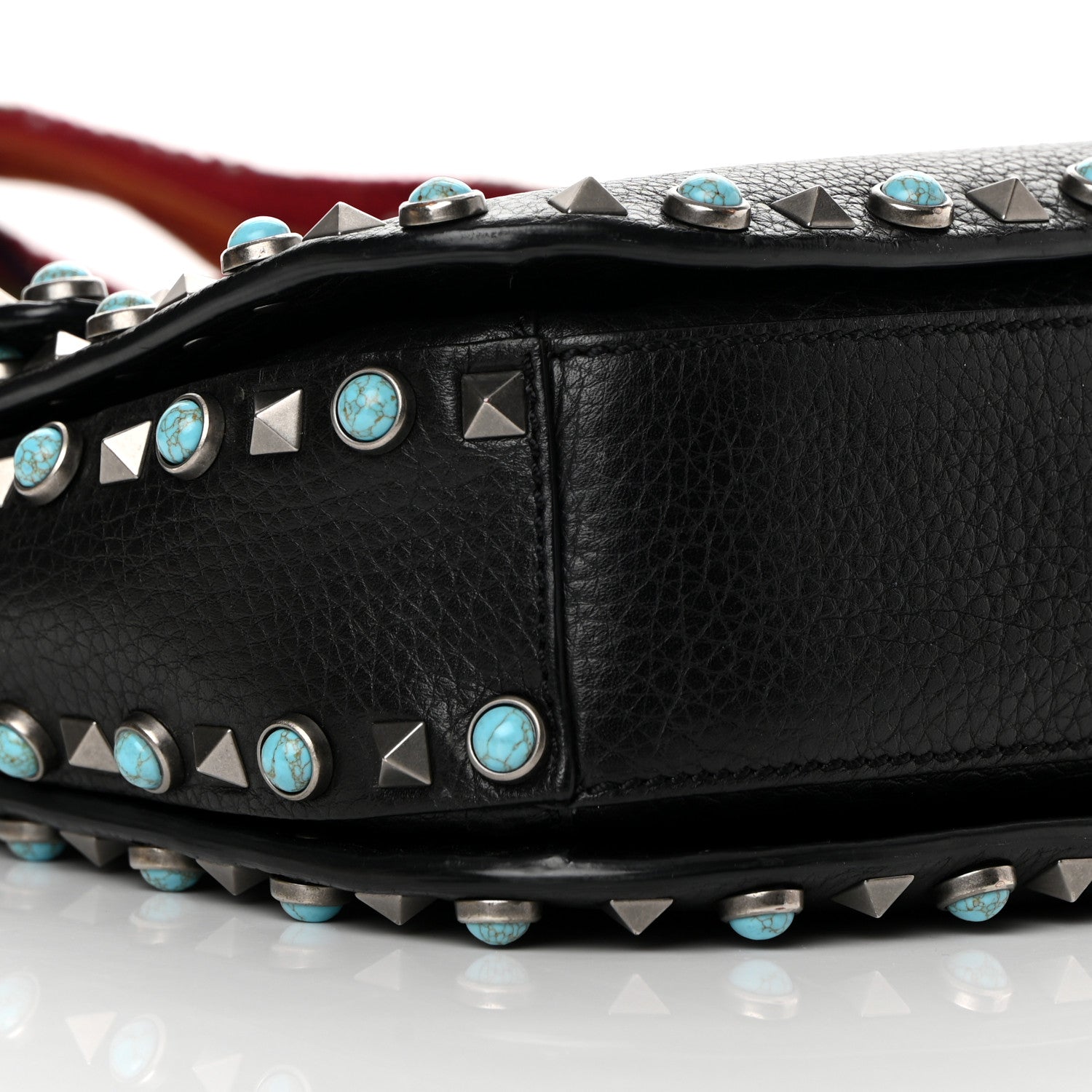 Valentino Garavani Pebbled Calfskin Turquoise Medium Guitar Strap Rockstud Rolling Flap Saddle Bag Black 8 of 17