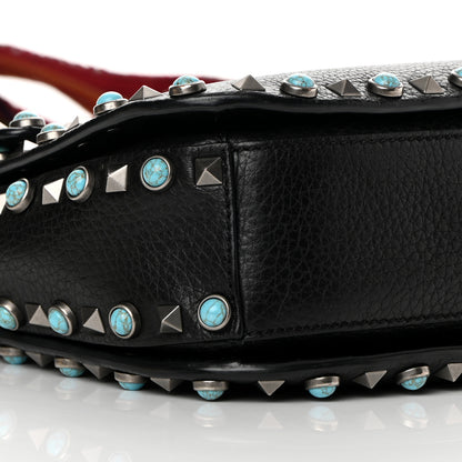 Valentino Garavani Pebbled Calfskin Turquoise Medium Guitar Strap Rockstud Rolling Flap Saddle Bag Black 8 of 17