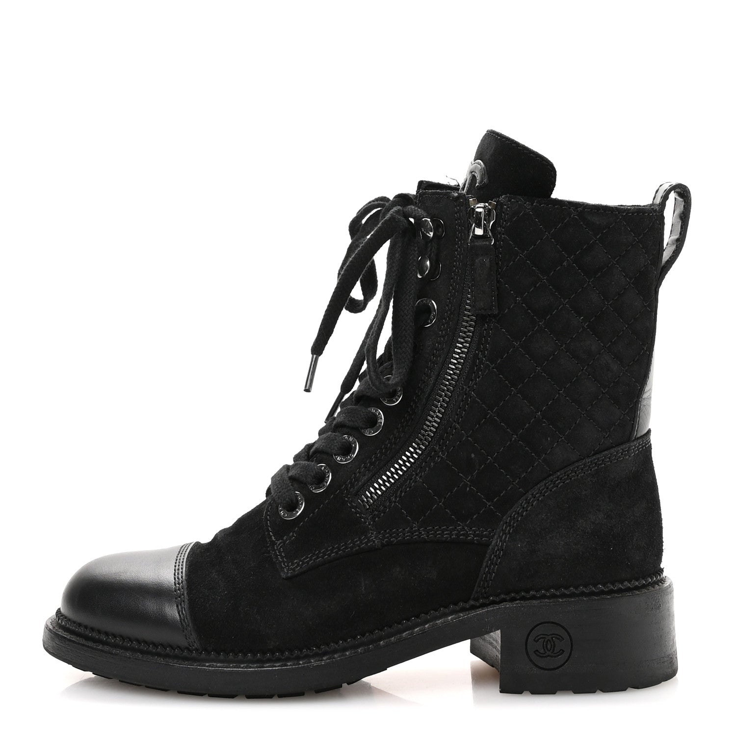 Chanel Suede Calfskin Quilted Lace Up Combat Boots 37 Black 1 of 9