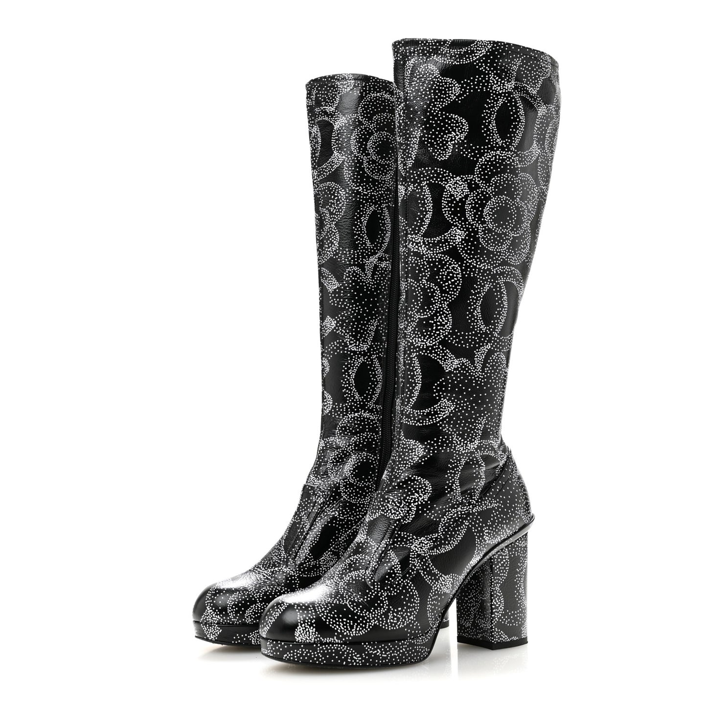 Calfskin Camellia Printed High Boots 37.5 Black White