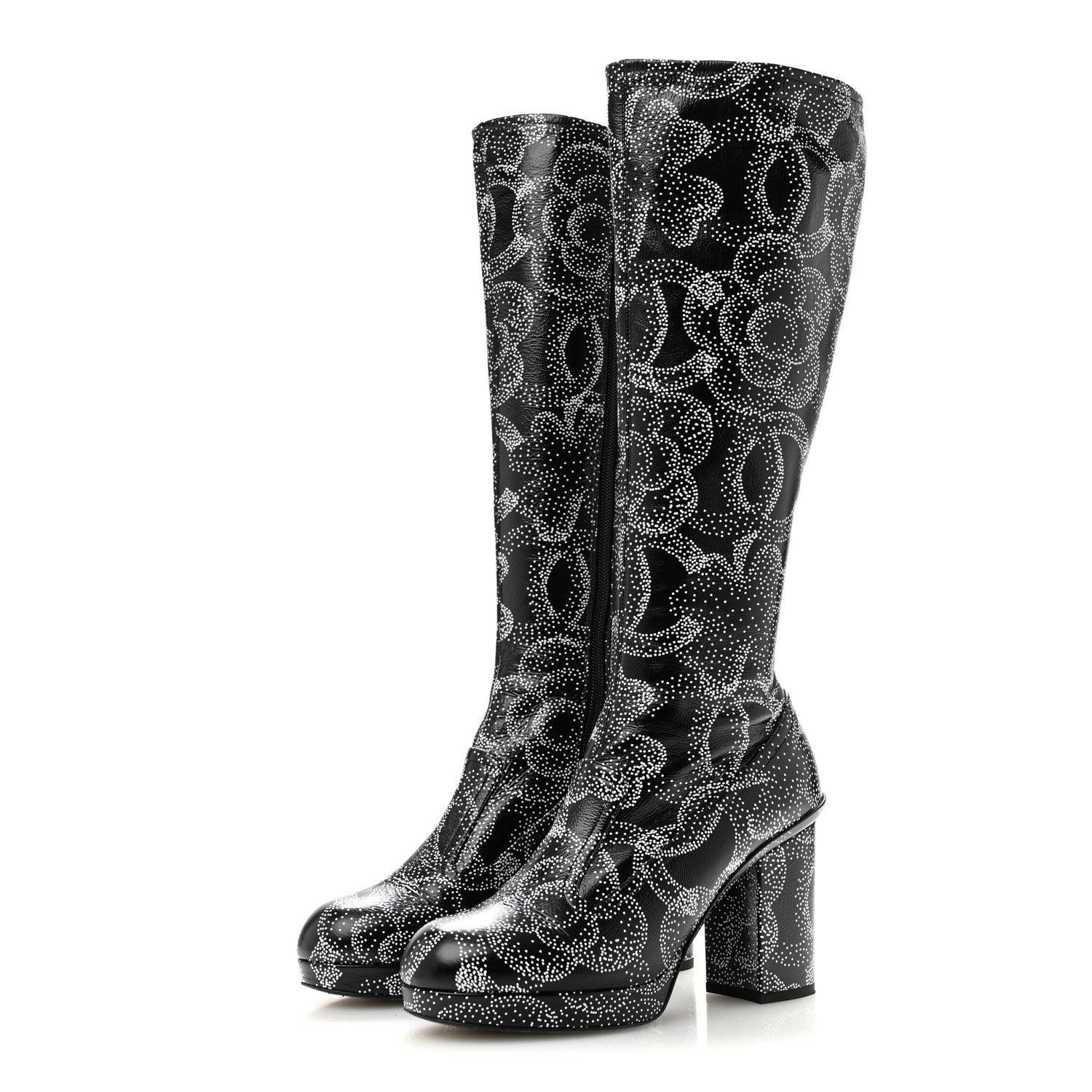 Chanel Calfskin Camellia Printed High Boots 37.5 Black White 3 of 8