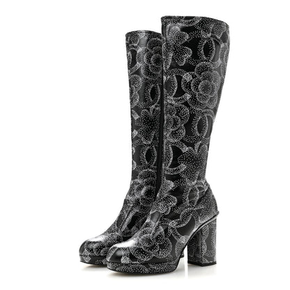 Chanel Calfskin Camellia Printed High Boots 37.5 Black White 3 of 8