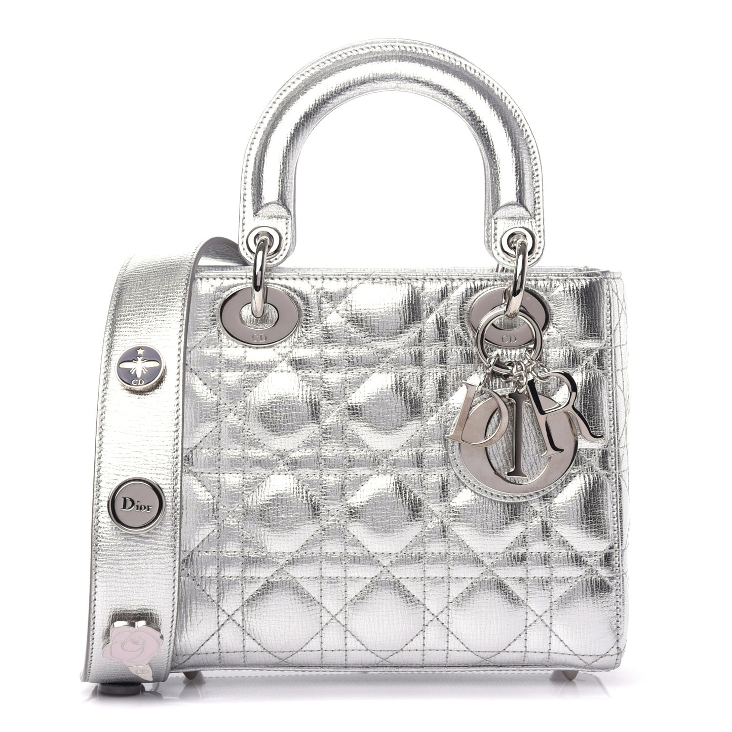 Metallic Grained Calfskin Cannage Small Lucky Badges My Lady Dior Silver