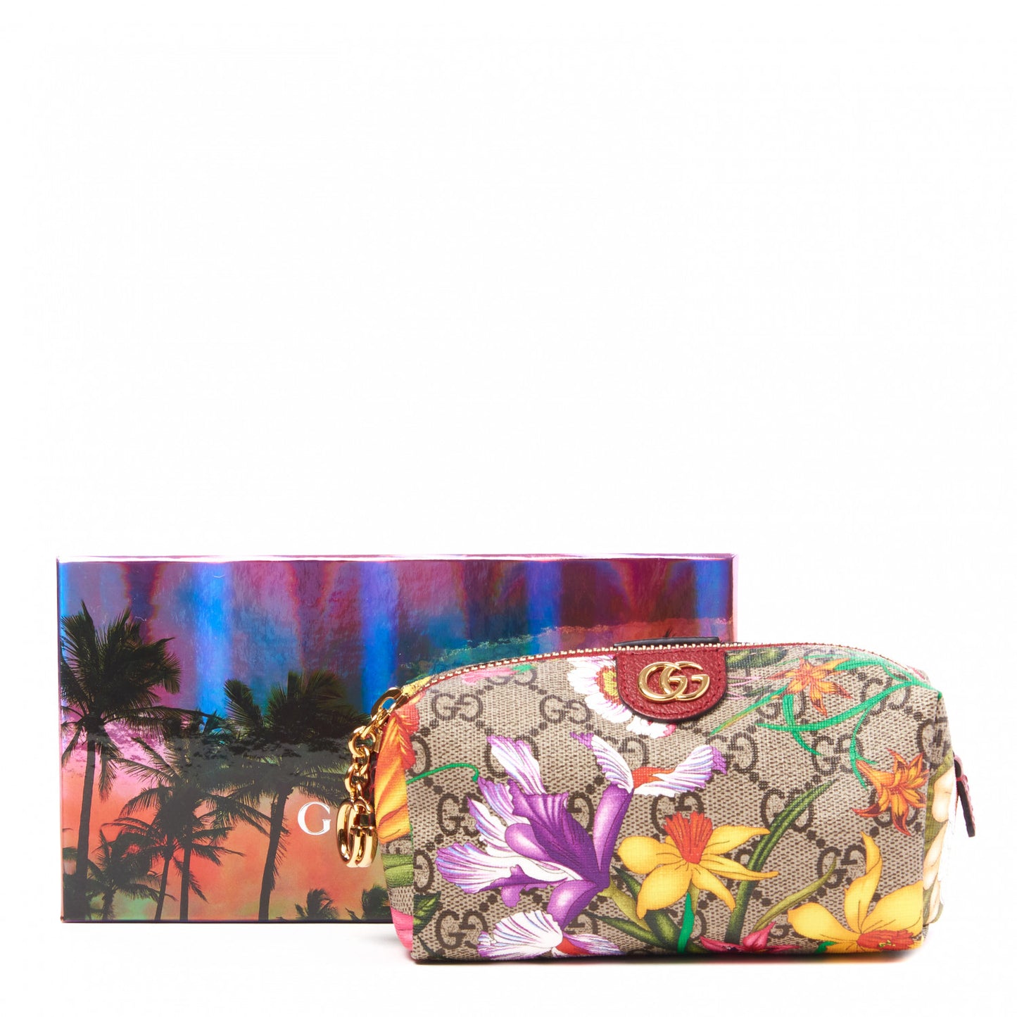 Soft GG Supreme Monogram Flora Calfskin Small Ophidia Cosmetic Case Beige Ebony Multicolor Rosso