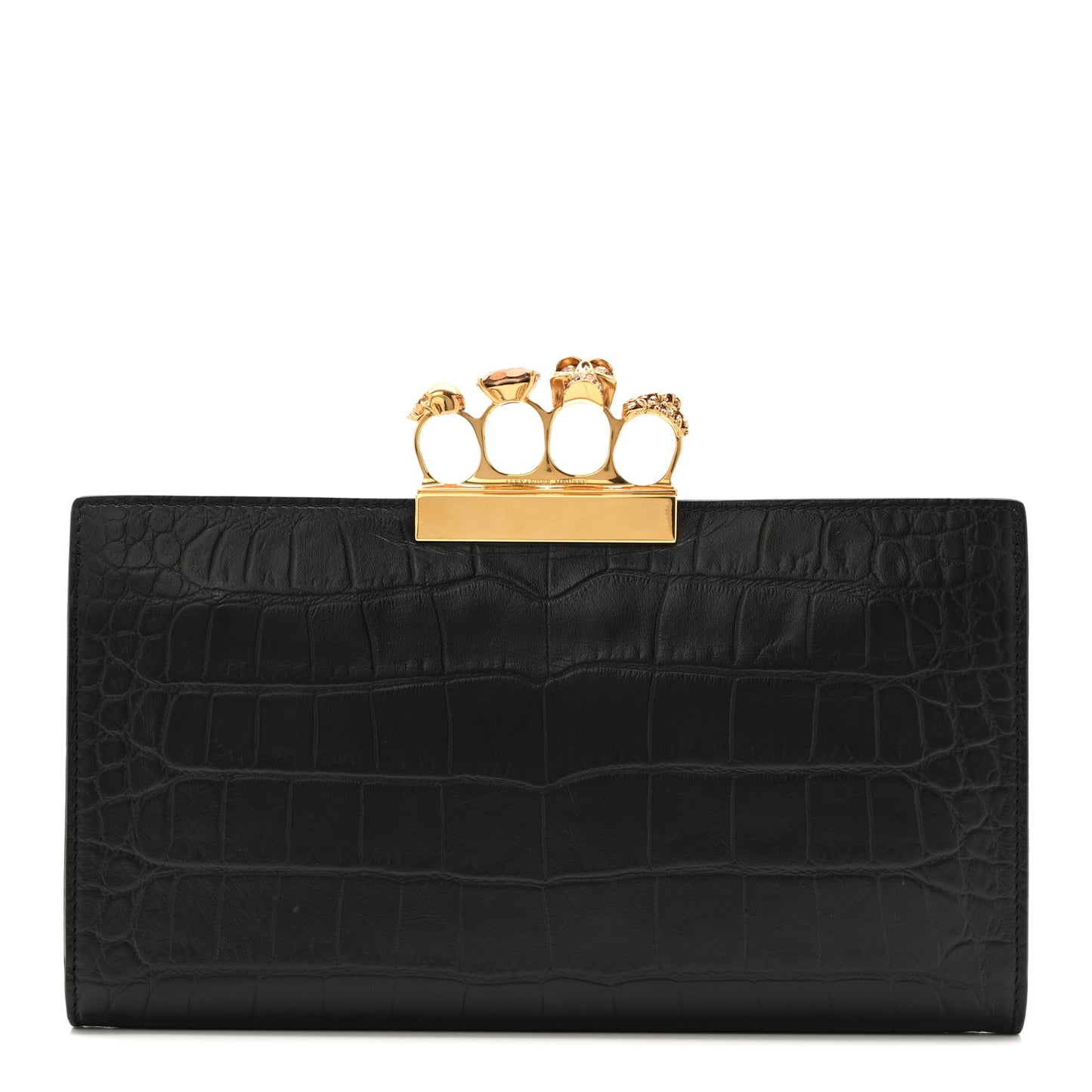 Calfskin Crocodile Embossed Knuckle Flat Clutch Black Gold