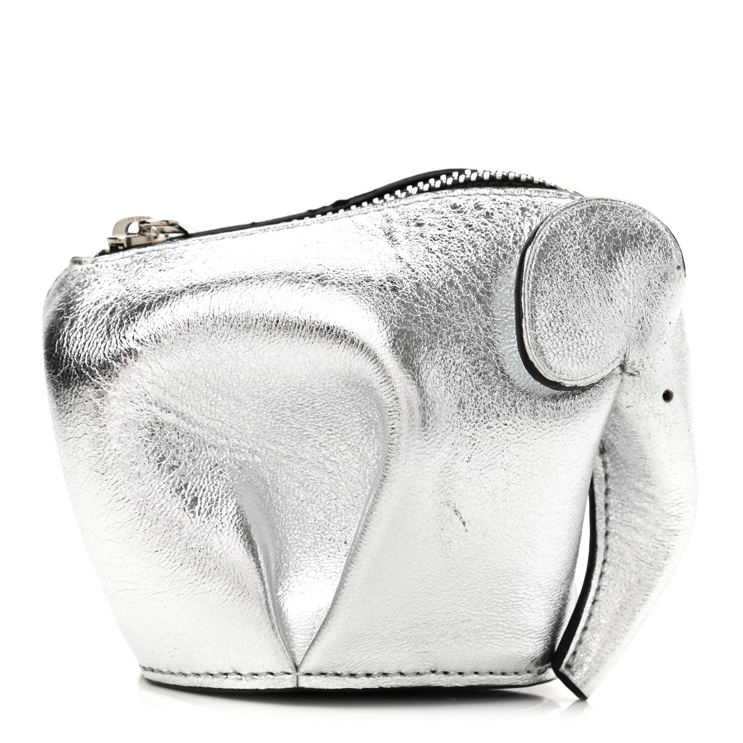 Metallic Calfskin Elephant Coin Purse Silver