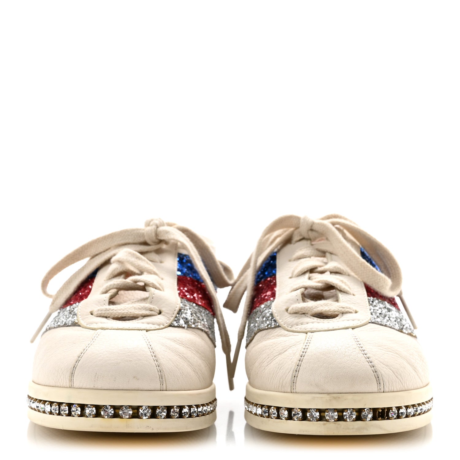 Gucci Calfskin Glitter Crystal Womens Sylvie Web Falacer Sneakers 38 White 3 of 14