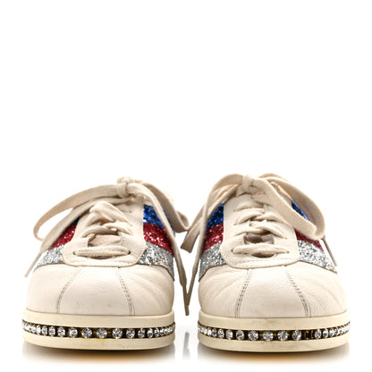 Gucci Calfskin Glitter Crystal Womens Sylvie Web Falacer Sneakers 38 White 3 of 14
