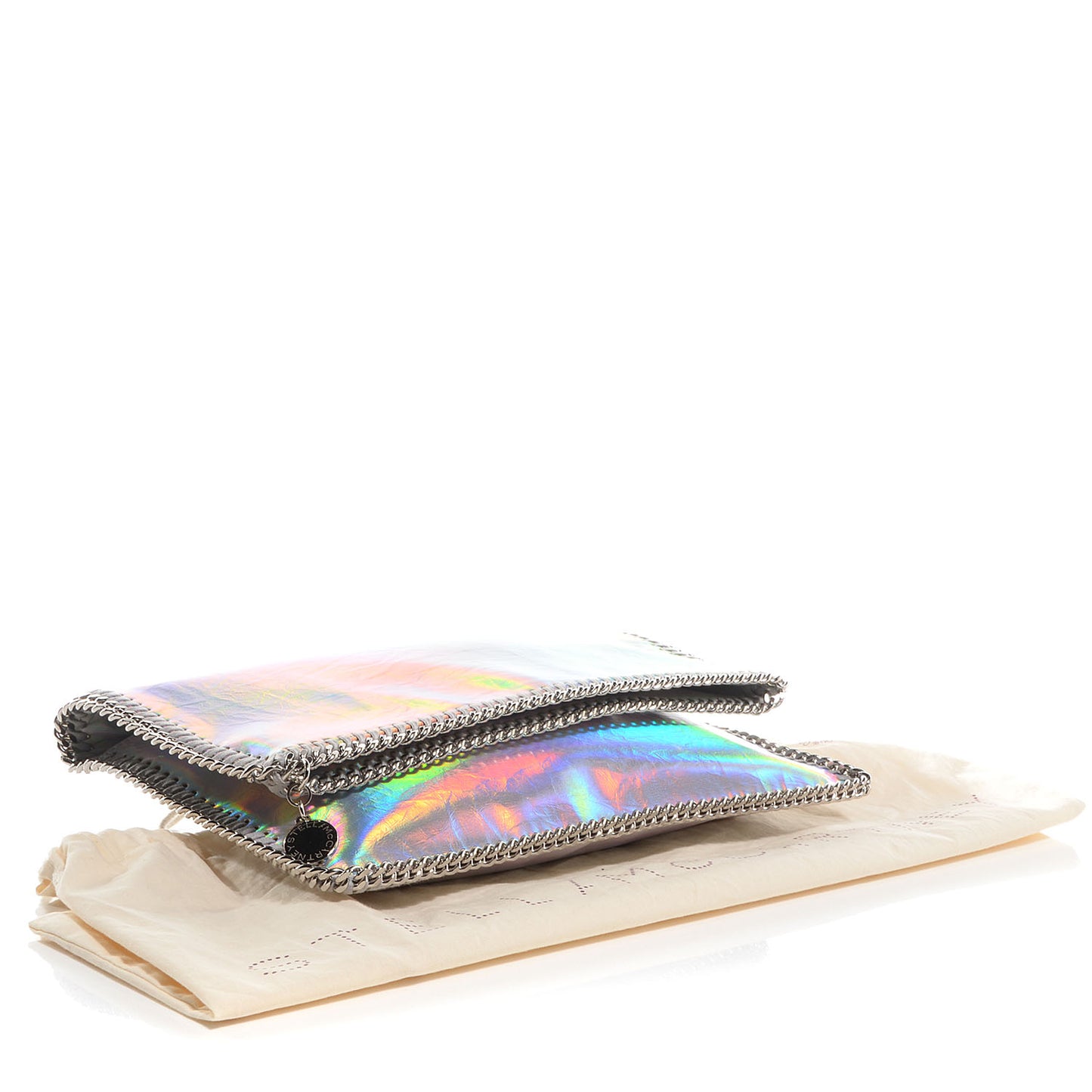 Holographic Faux Leather Fold Over Falabella Clutch Silver