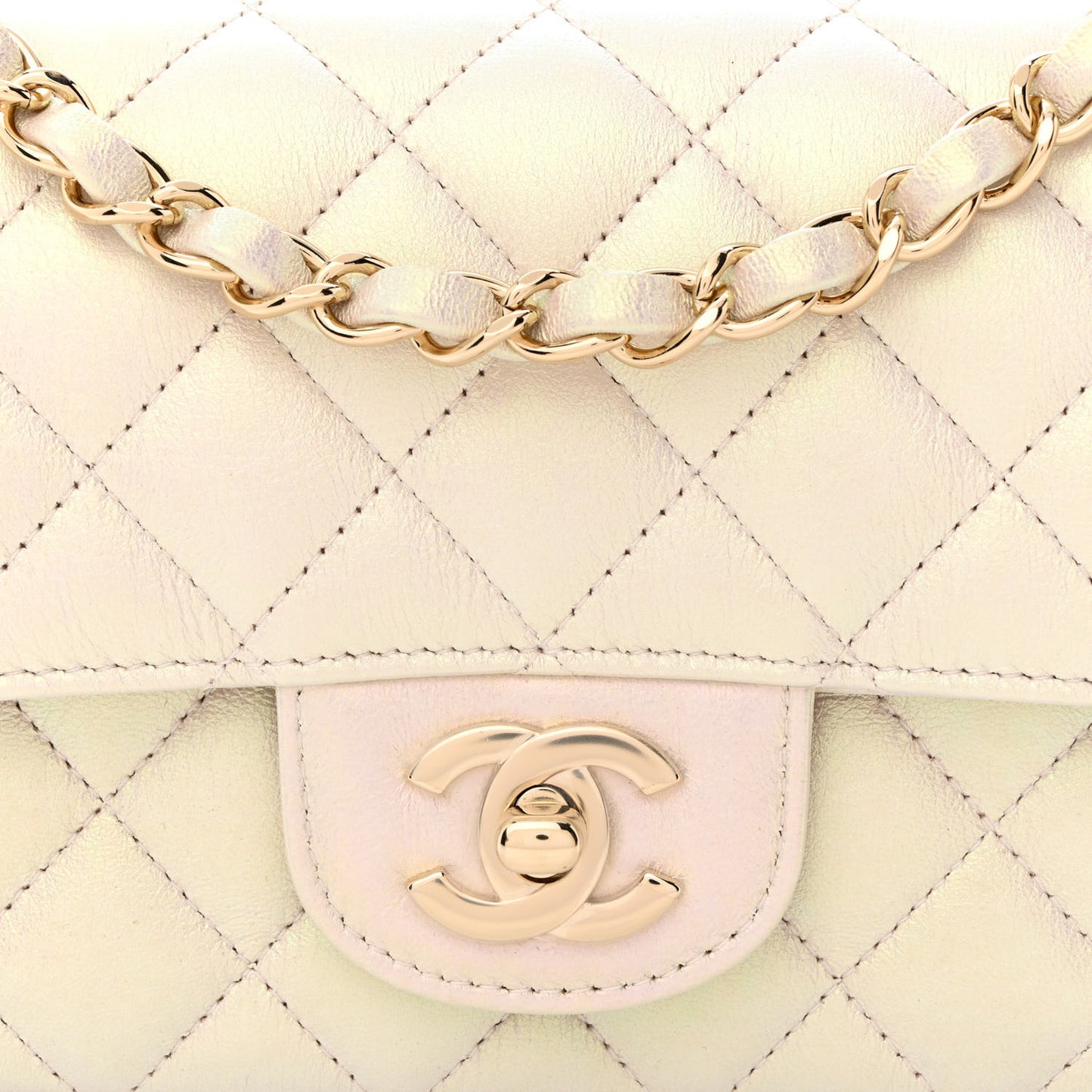 Iridescent Lambskin Quilted Mini Rectangular Flap Ivory