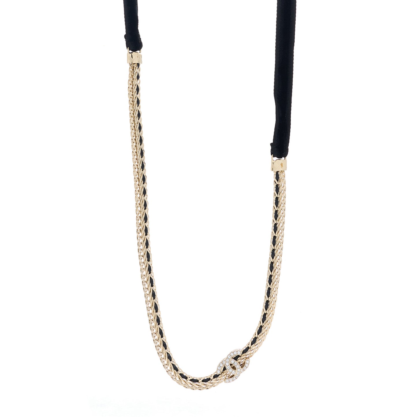 Metal Lambskin Crystal CC Chain Tie Headband Gold Black