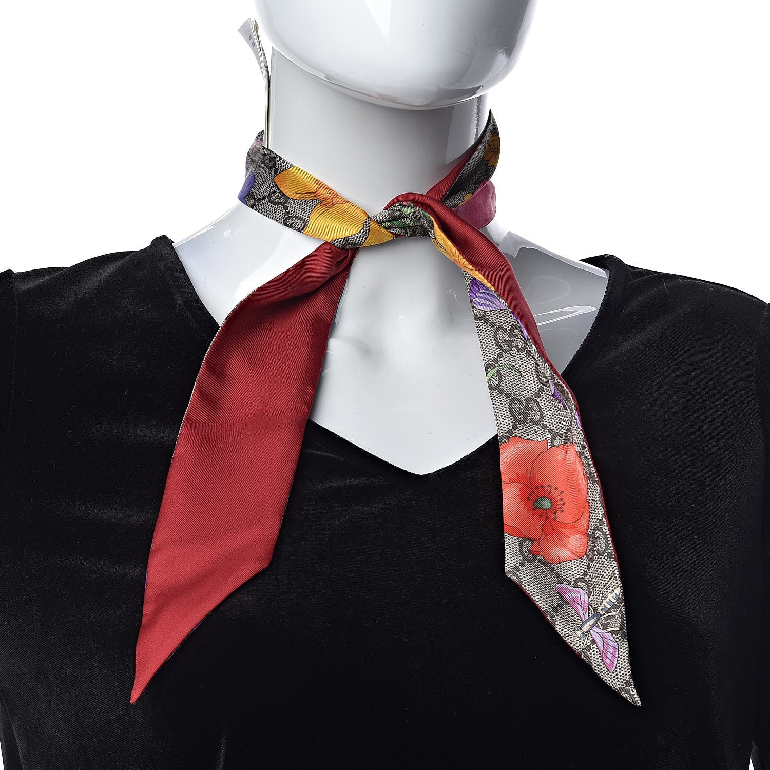 Gucci Silk Twill GG Monogram Special Flory Neck Bow Scarf Beige Red 2 of 4