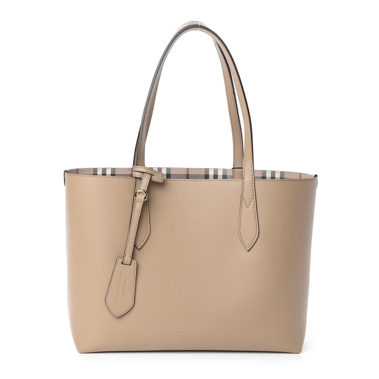 Burberry Grainy Calfskin Haymarket Check Small Reversible Tote Mid Camel 1 of 14