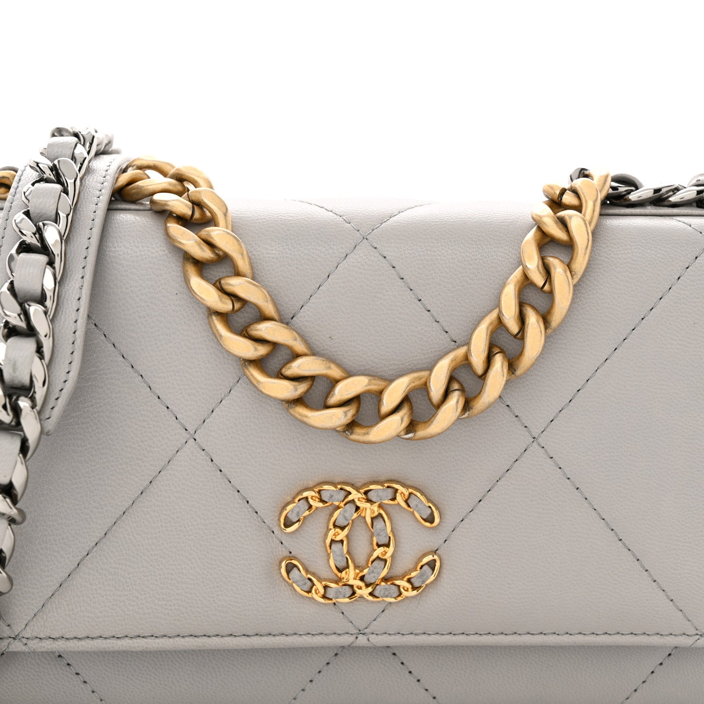 Lambskin Quilted Chanel 19 Wallet On Chain WOC Grey