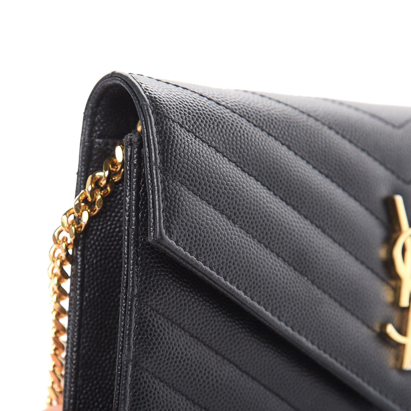 Grain De Poudre Matelasse Chevron Monogram Envelope Chain Wallet Black