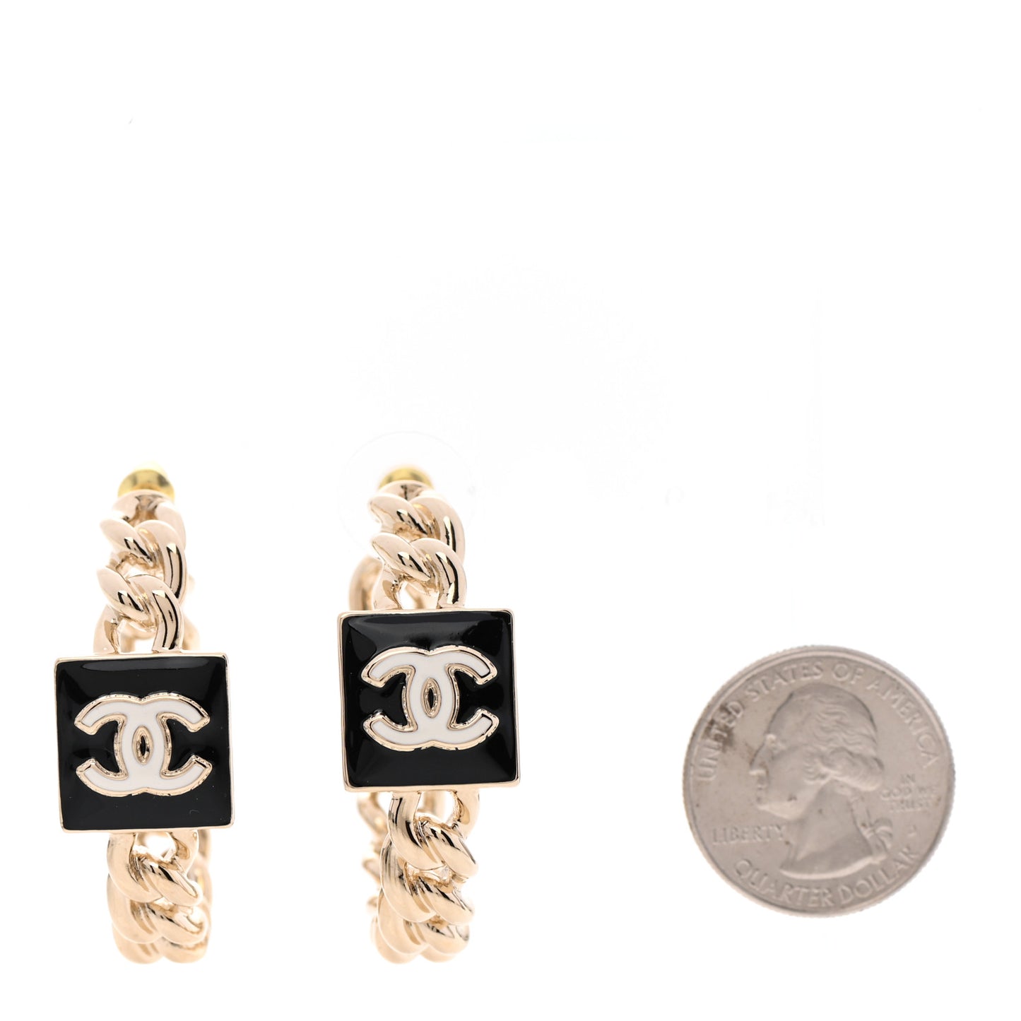 Metal Enamel CC Square Chain Hoop Earrings Gold Black