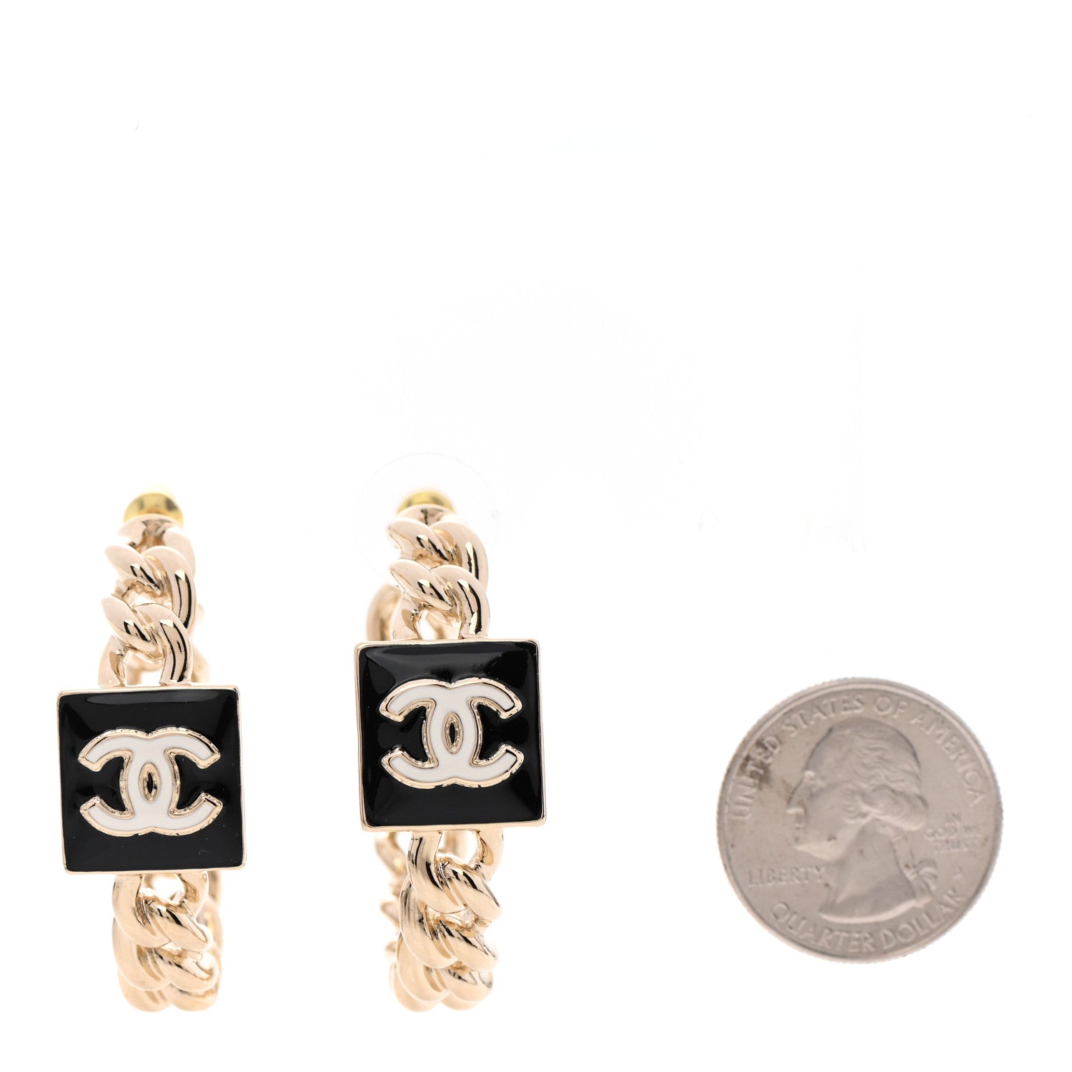 Chanel Metal Enamel CC Square Chain Hoop Earrings Gold Black 2 of 3