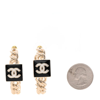 Chanel Metal Enamel CC Square Chain Hoop Earrings Gold Black 2 of 3