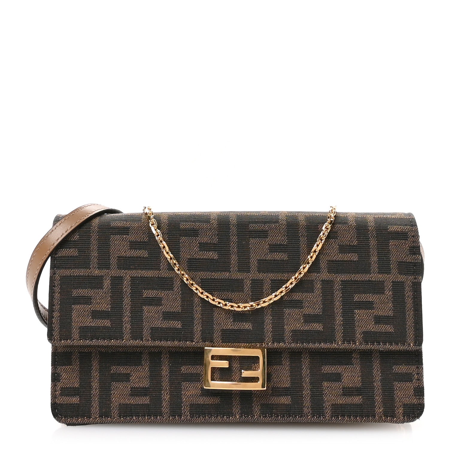 Fendi Fabric Jacquard FF 1974 Wallet On Chain Tobacco Moro 1 of 10