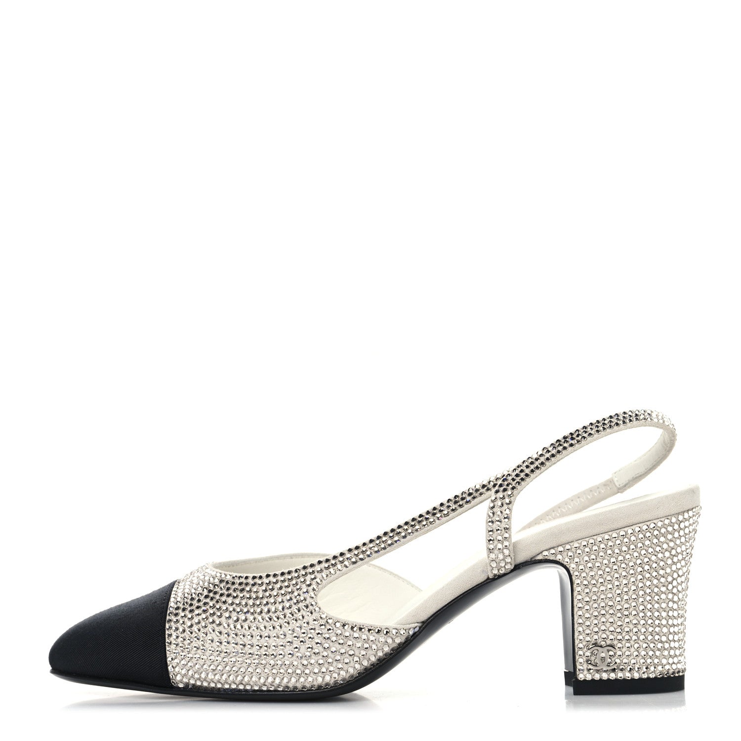 Chanel Strass Grosgrain Cap Toe CC Slingback Pumps 36 Silver Black 1 of 9