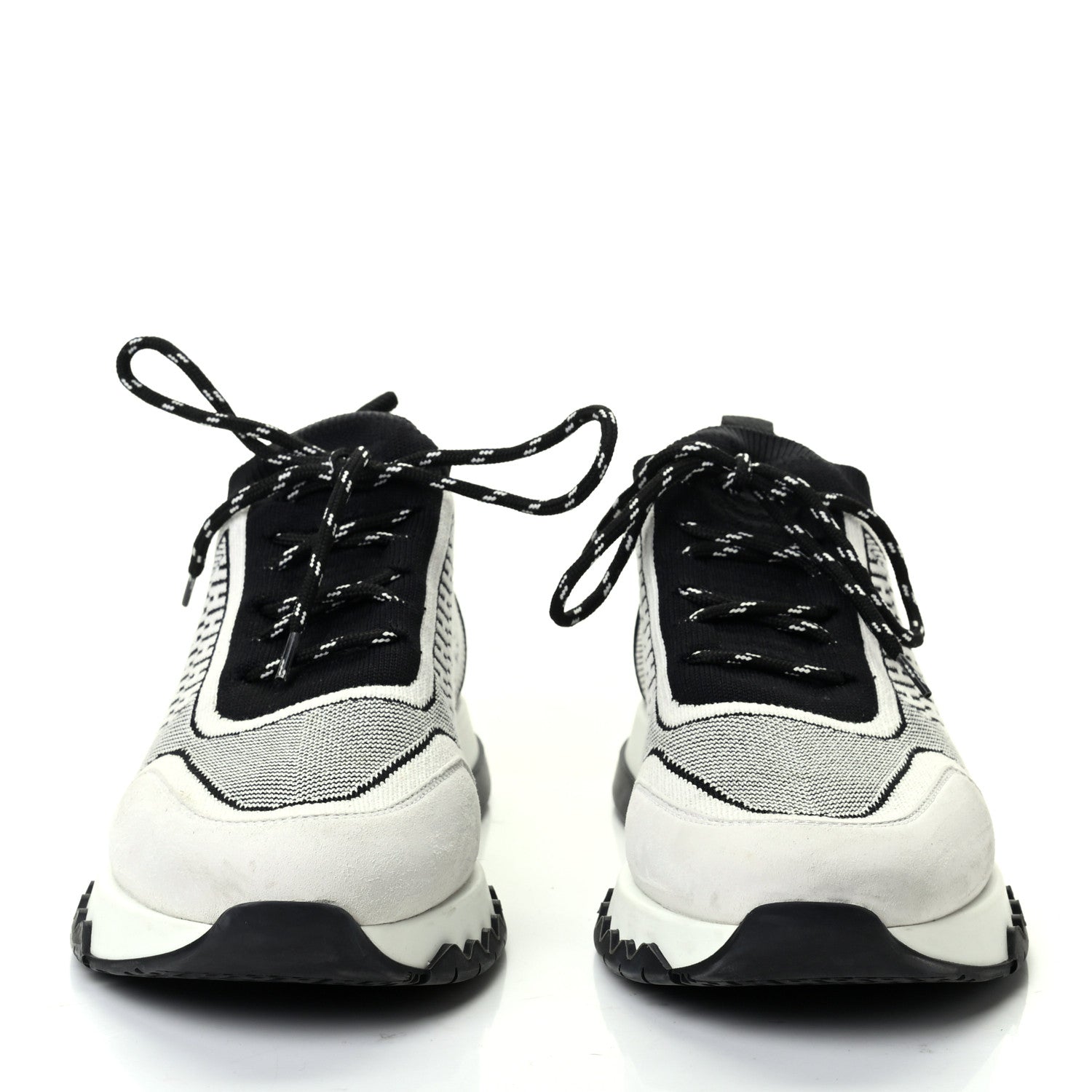 Hermes Knit Calfskin Suede Goatskin Bi-Color Womens Addict Sneakers 37.5 Black White 2 of 8