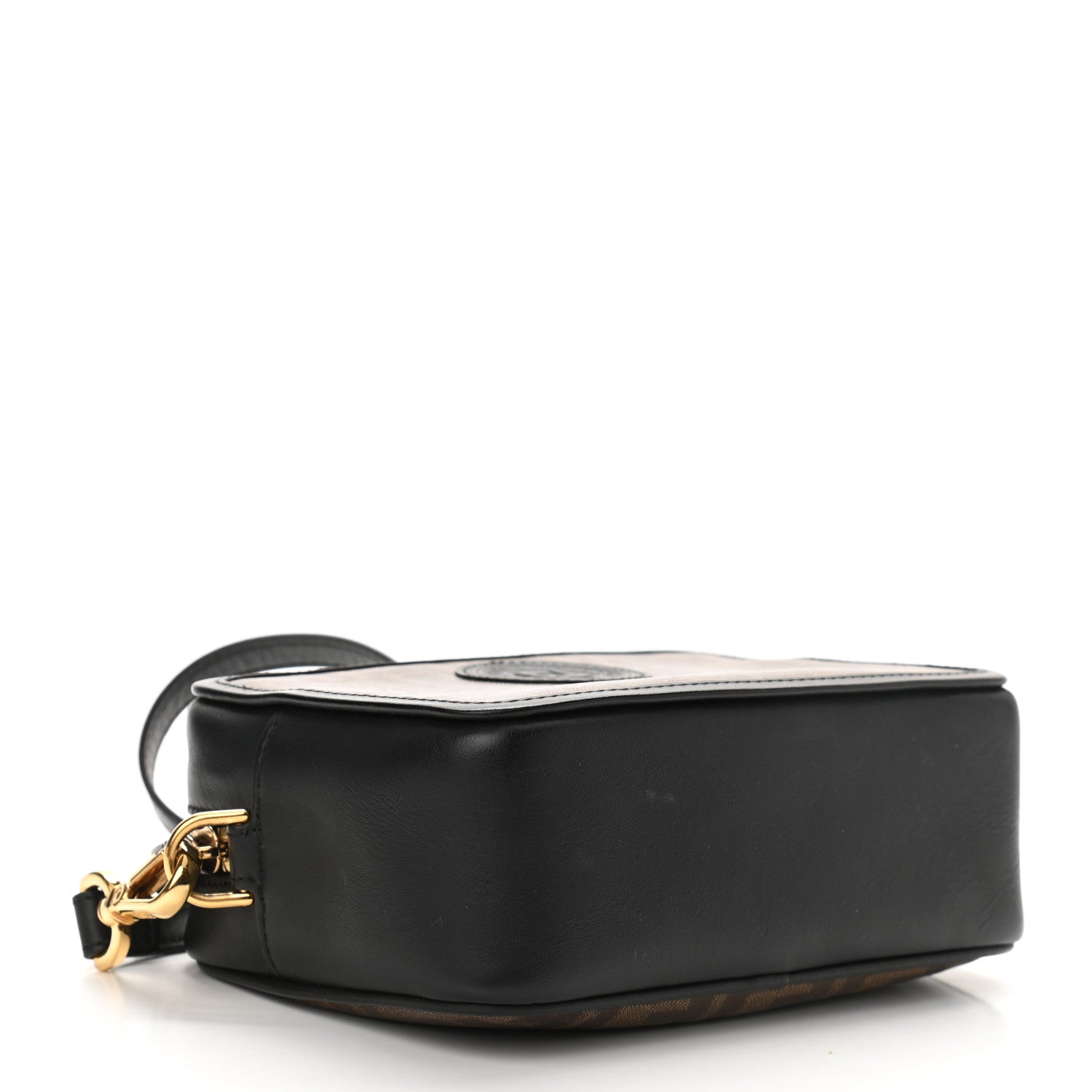 Fendi Glazed Fabric Vitello Century FF 1974 Stamp Patch Mini Camera Case Mogano Panna Black 4 of 11