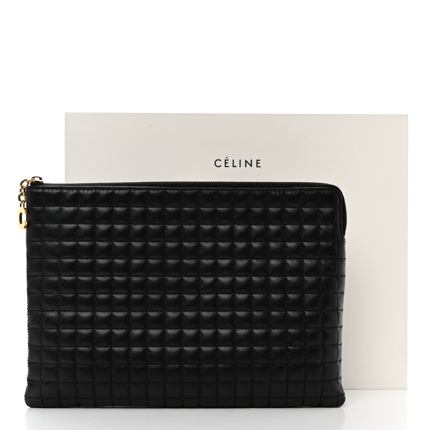 Calfskin Quilted C Charm Pouch Black