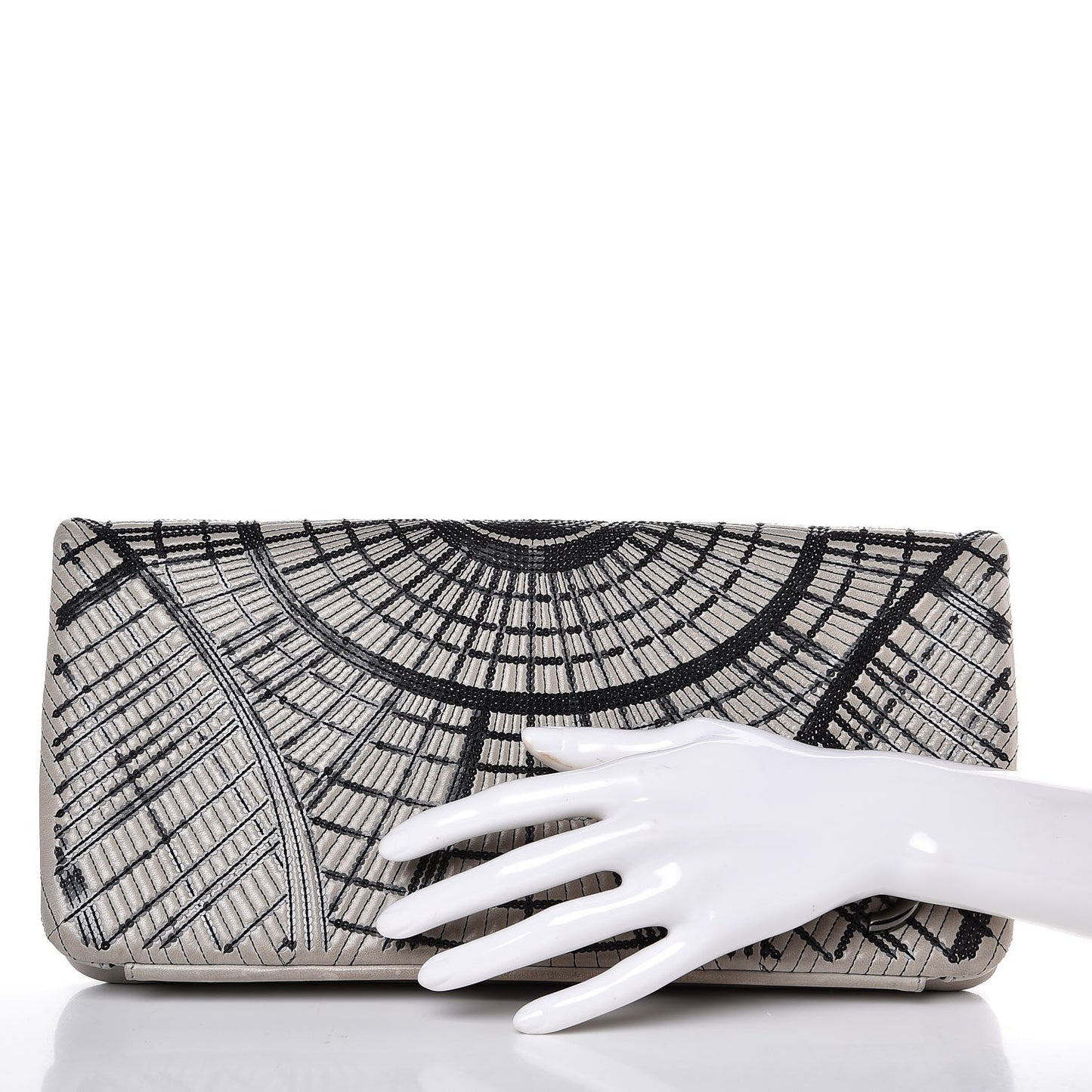 Calfskin Sequin Embellished Flap Clutch Grey Black