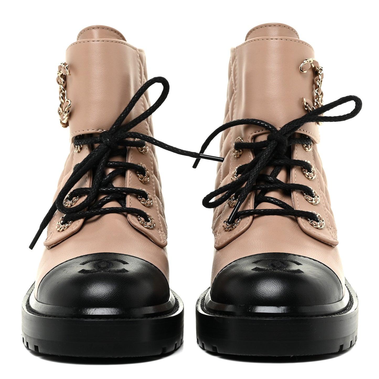 Lambskin Calfskin Quilted Lace Up Combat Boots 36 Beige Black
