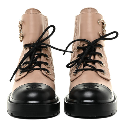Chanel Lambskin Calfskin Quilted Lace Up Combat Boots 36 Beige Black 2 of 13