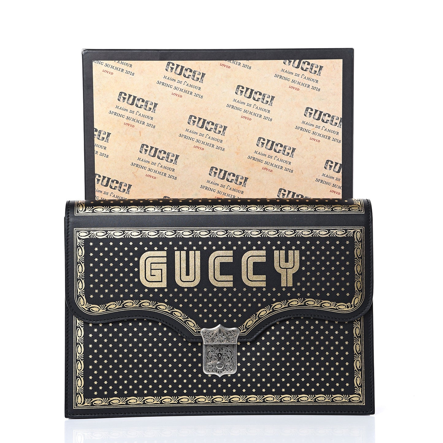 X SEGA Calfskin GUCCY Stars Portfolio Bag Black Gold