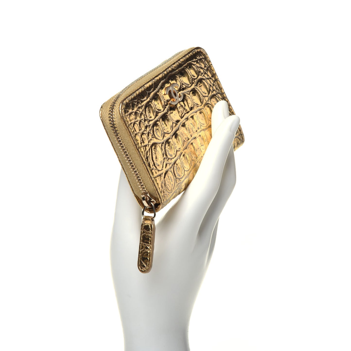 Metallic Calfskin Crocodile Embossed Cocodile Zip Coin Case Gold