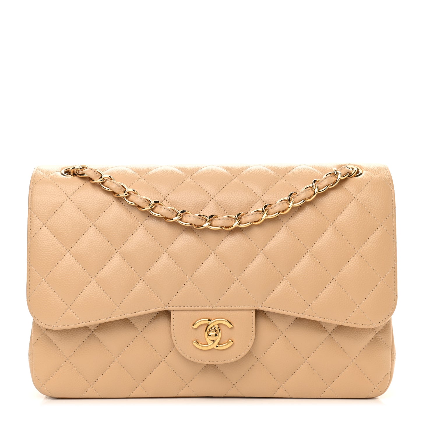 Caviar Quilted Jumbo Double Flap Beige Clair