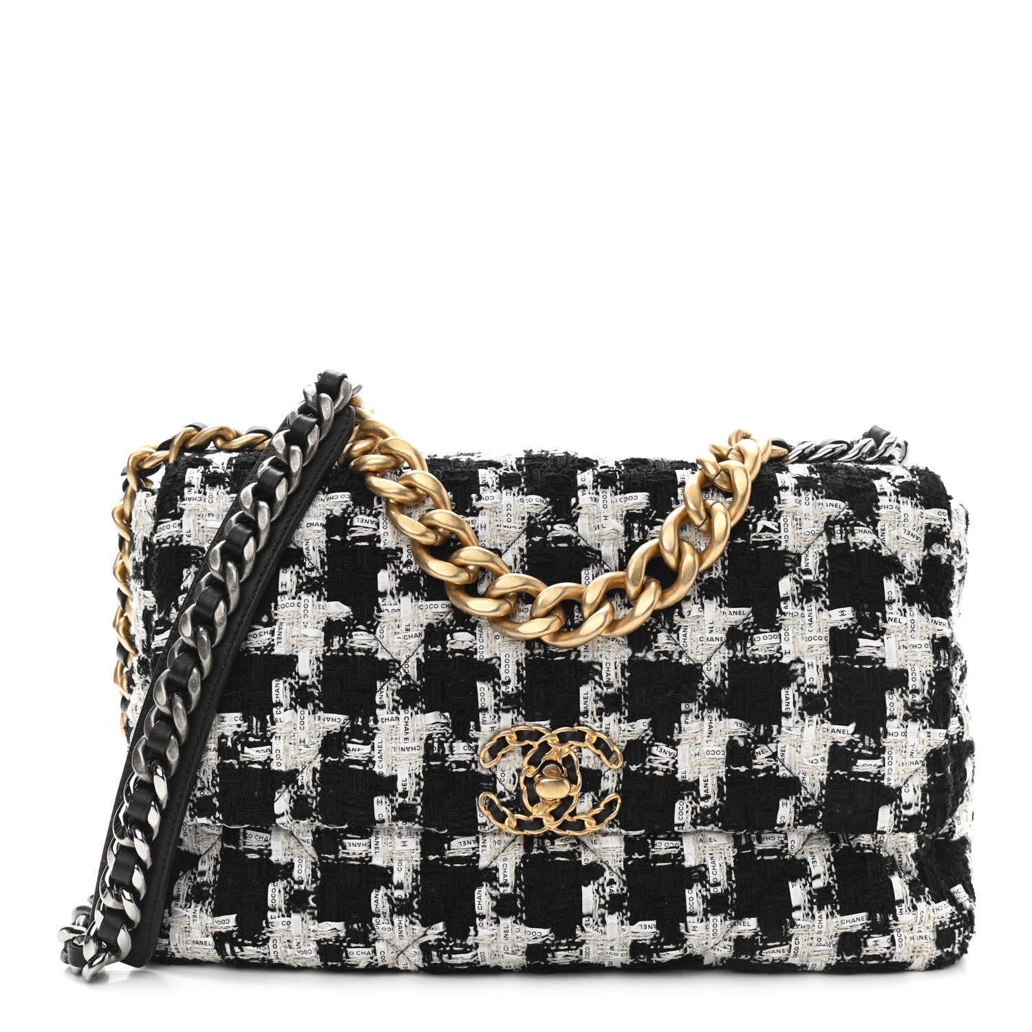 Chanel Tweed Quilted Large Chanel 19 Flap Black Ecru White 1 of 11