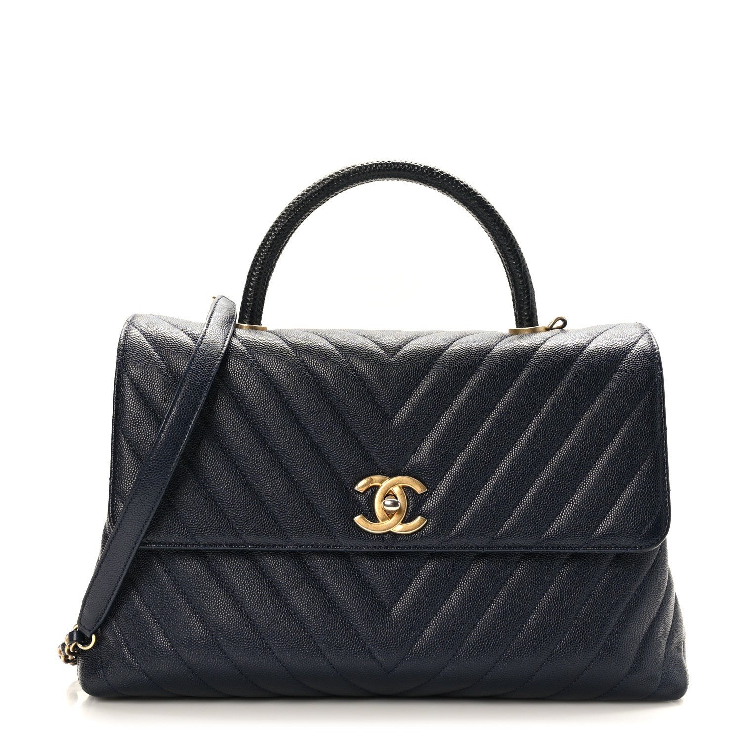 Chanel Caviar Chevron Quilted Medium Coco Handle Flap Navy Blue 1 of 9
