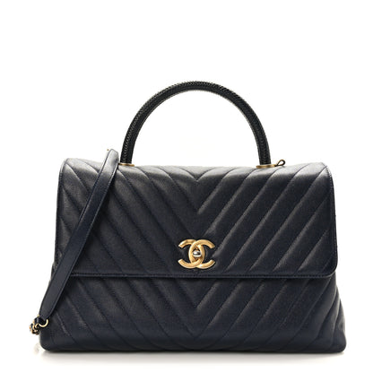 Chanel Caviar Chevron Quilted Medium Coco Handle Flap Navy Blue 1 of 9