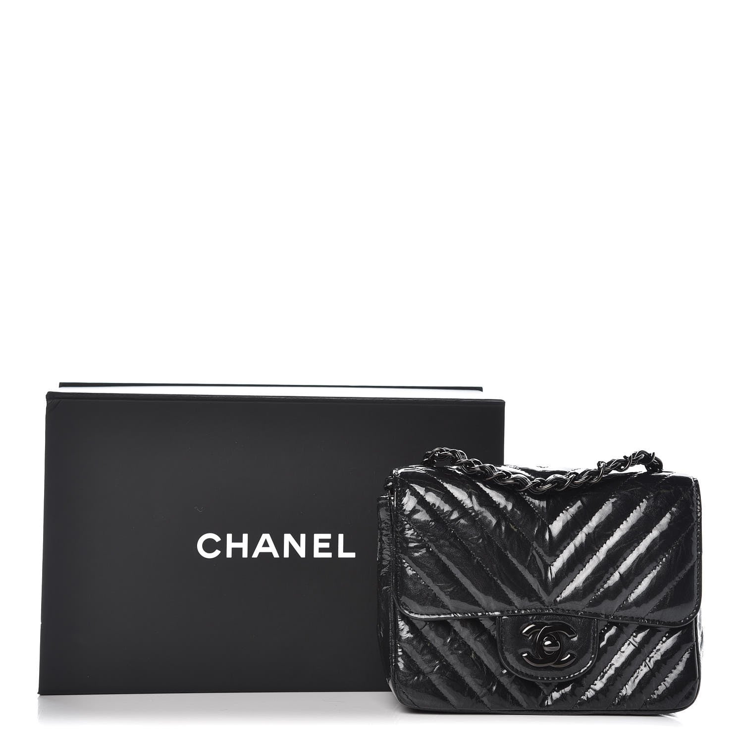 Chanel Metallic Patent Crumpled Calfskin Chevron Quilted Mini Square Flap Black 8 of 8