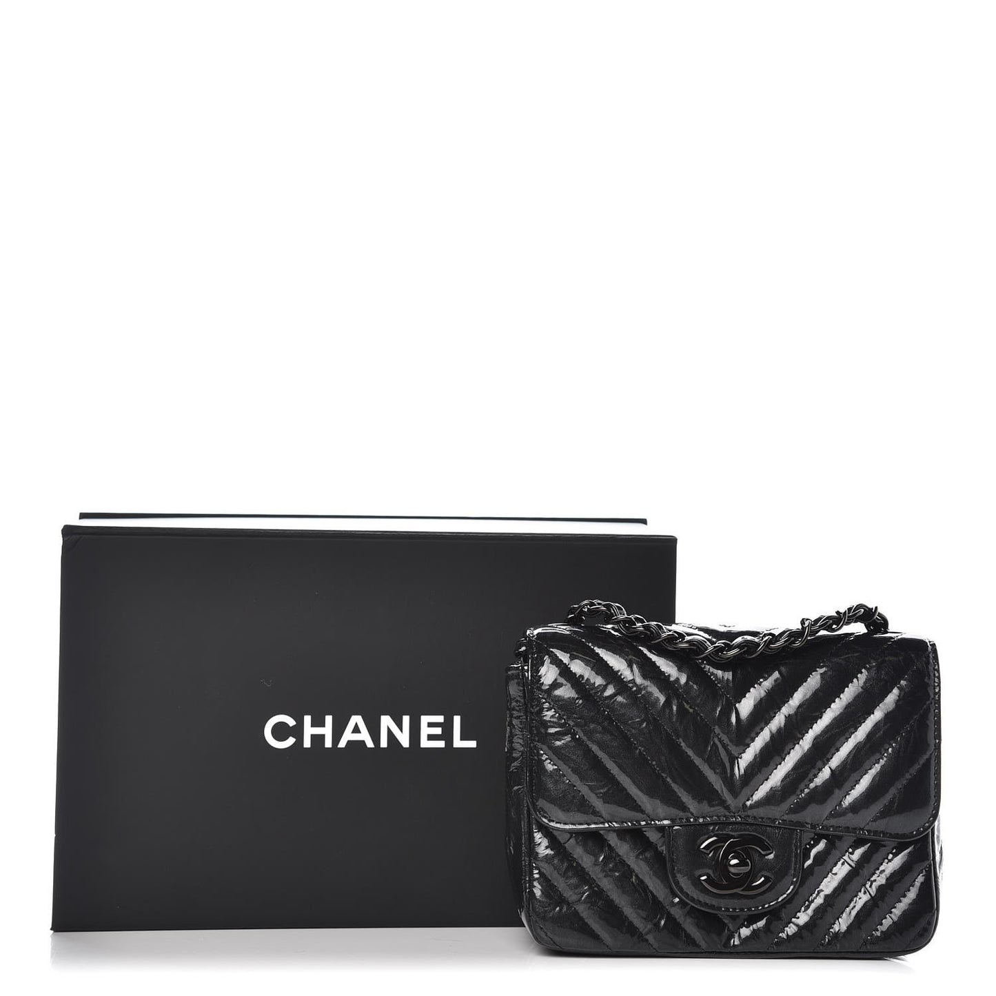 Metallic Patent Crumpled Calfskin Chevron Quilted Mini Square Flap Black