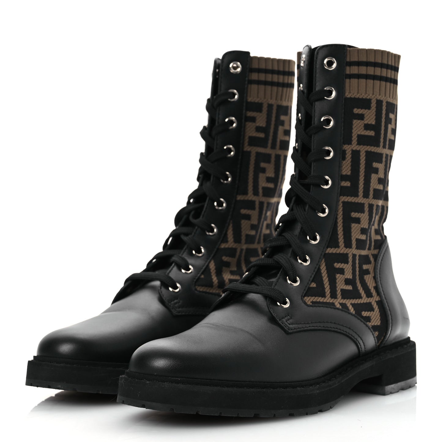 Calfskin Stretch Fabric FF Rockoko Biker Boots 40 Black Tobacco