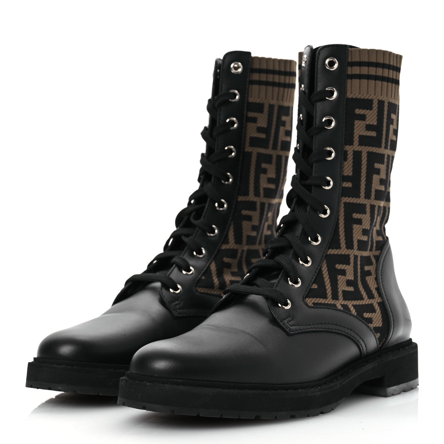 Fendi Calfskin Stretch Fabric FF Rockoko Biker Boots 40 Black Tobacco 4 of 14