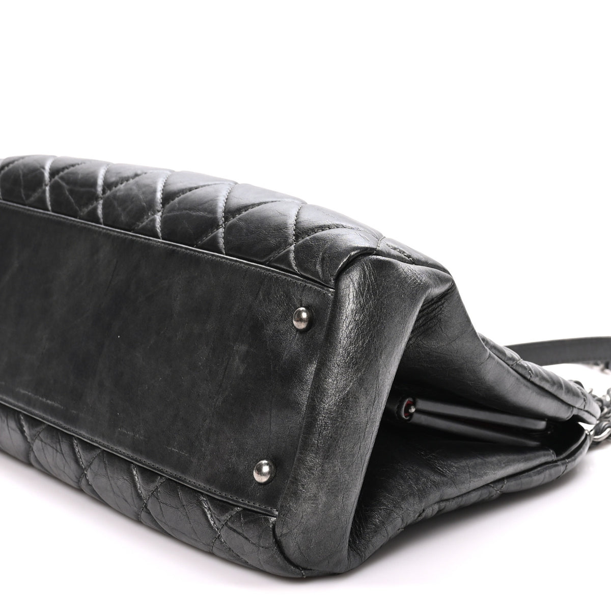 Iridescent Aged Calfskin Quilted Large Mademoiselle Bowling Bag Grey