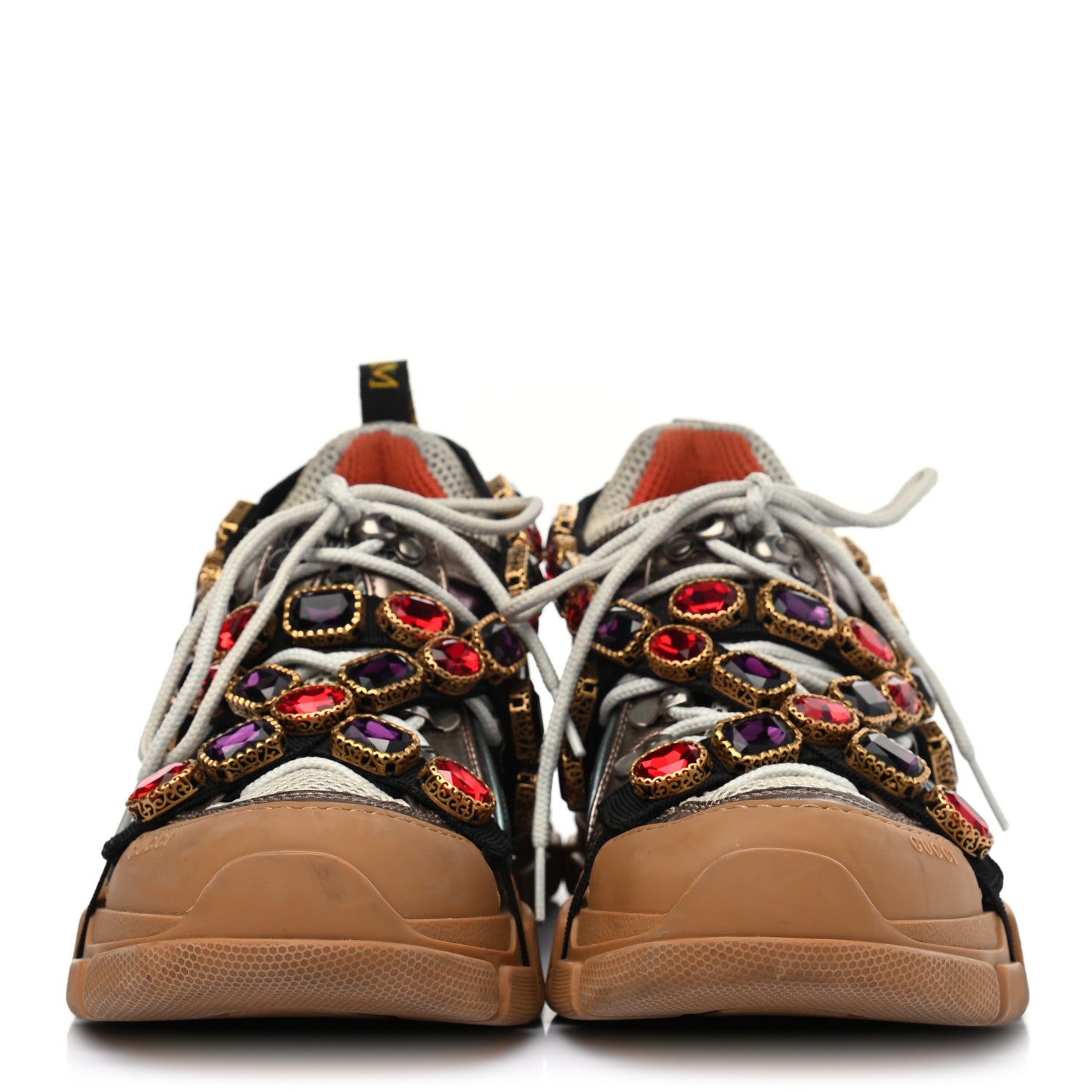 Gucci X SEGA Metallic Calfskin Mesh Removable Crystals Womens Flashtrek Sneakers 39 Rame Mystic White Lago 2 of 7