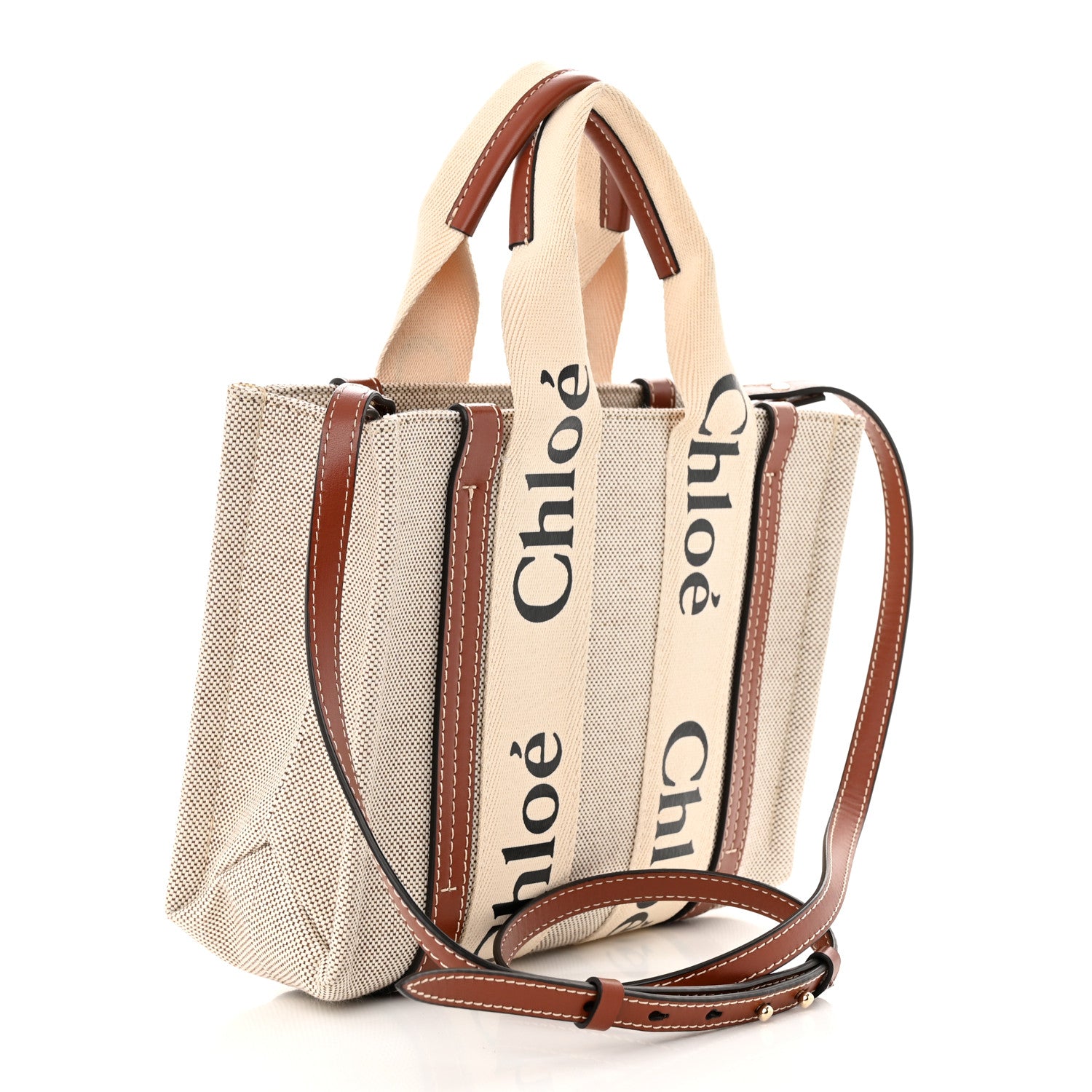 Chloe Cotton Calfskin Small Woody Ribbon Tote With Strap White Brown 3 of 10