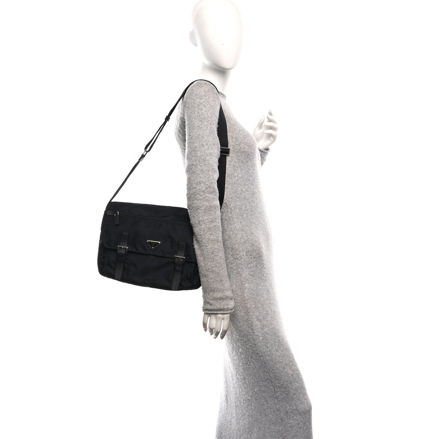 Tessuto Nylon Saffiano Double Buckle Messenger Shoulder Bag Black