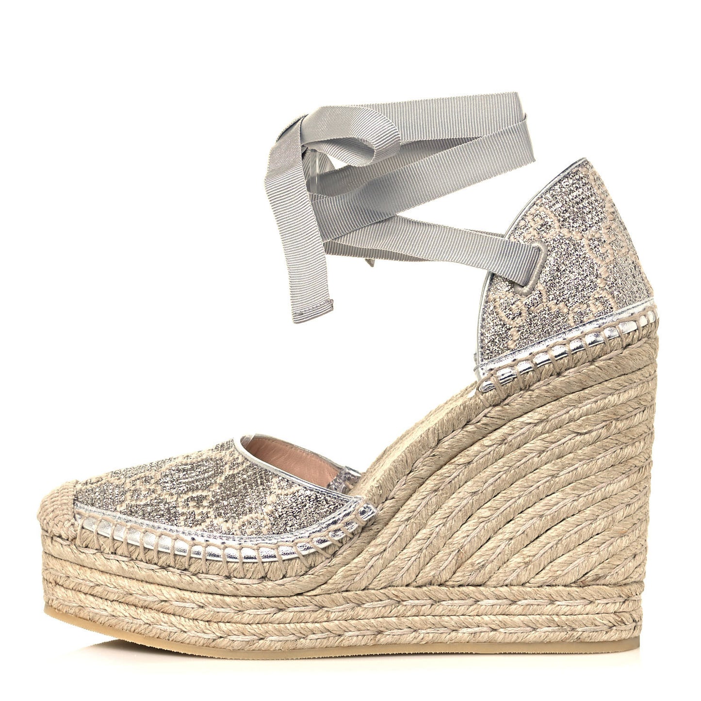 Lame GG Monogram Ankle Wrap Platform Espadrille Wedges 37 Silver Beige Light Grey