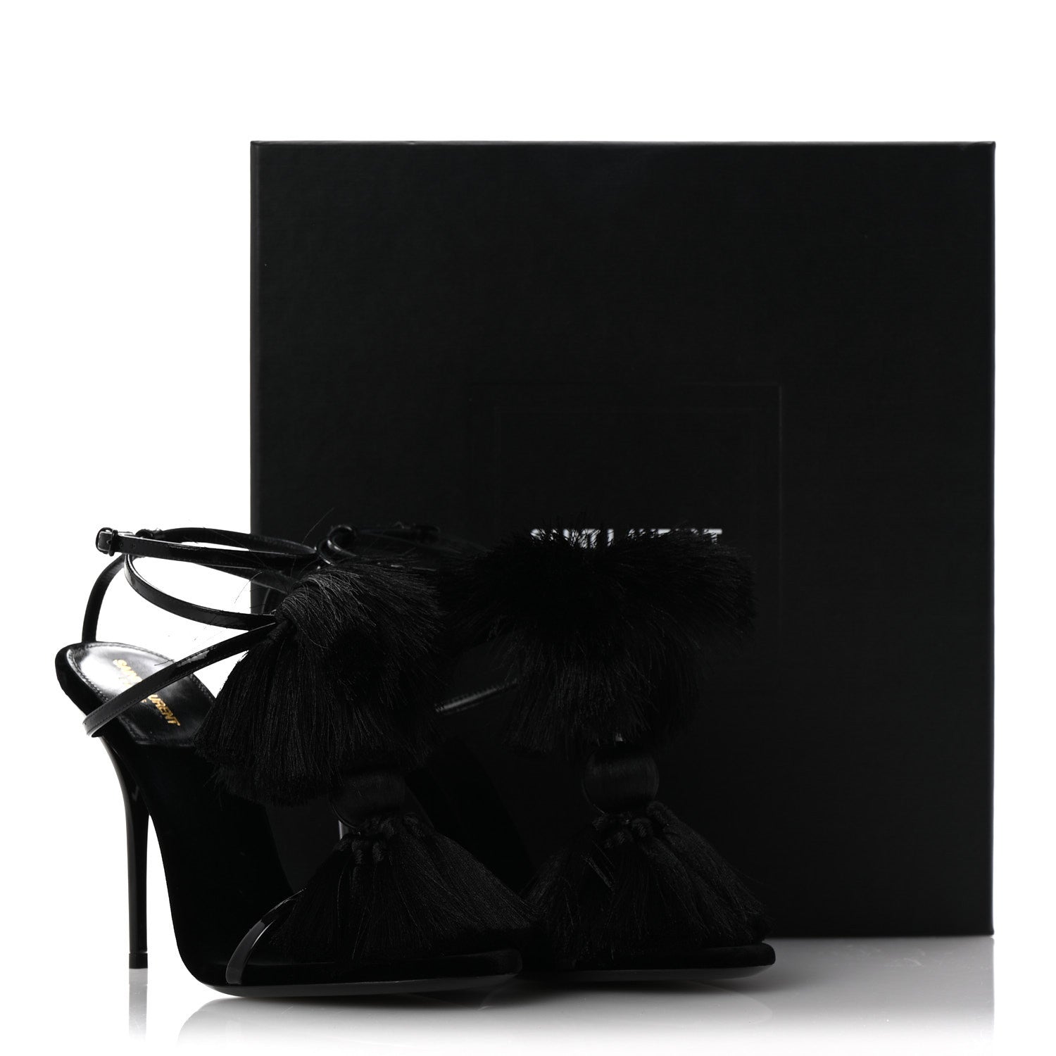 Saint Laurent Vernice Chiffon Tassel Embellished Pierre Pon Pon 110 Sandals 38.5 Black 9 of 9