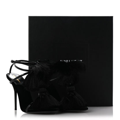 Saint Laurent Vernice Chiffon Tassel Embellished Pierre Pon Pon 110 Sandals 38.5 Black 9 of 9