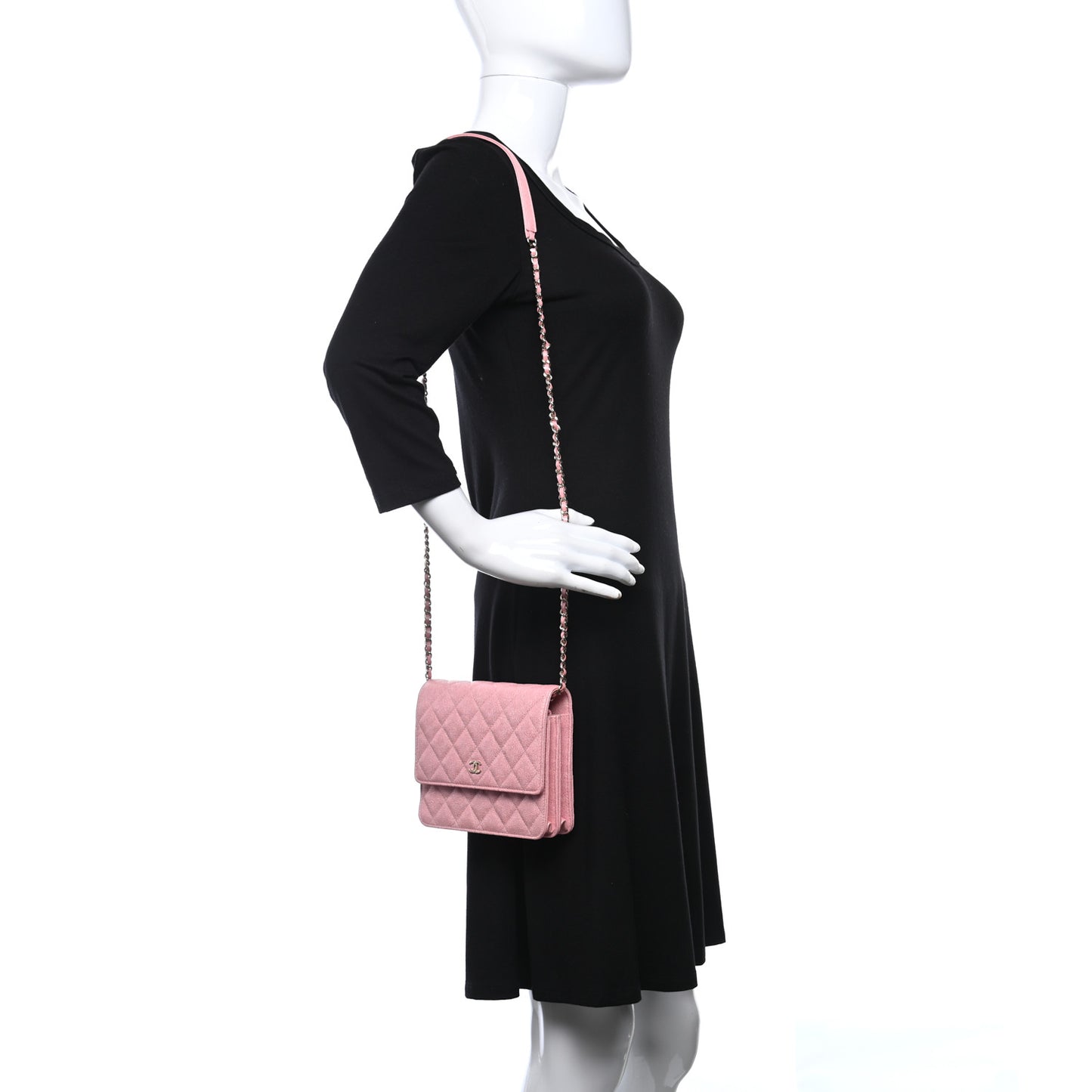 Iridescent Caviar Quilted Square Wallet On Chain WOC Rose Pink