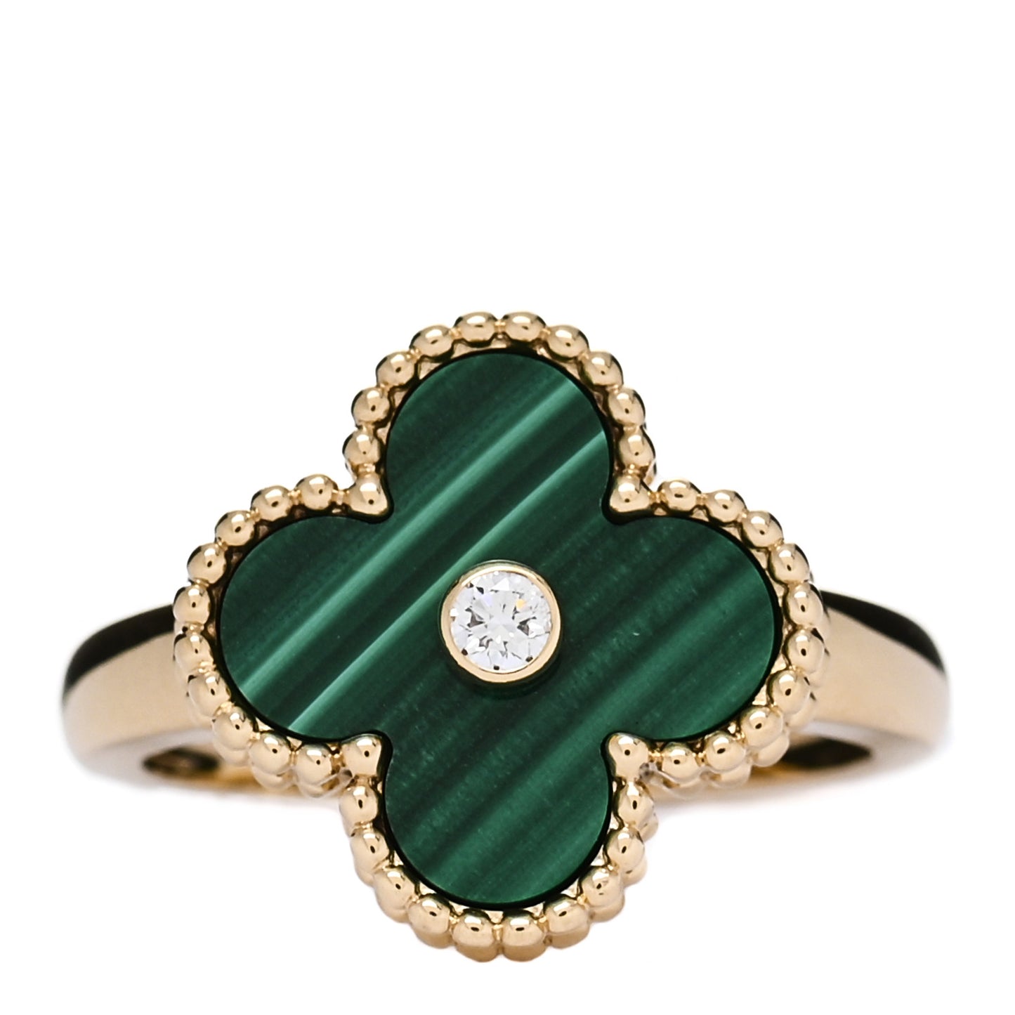 18K Yellow Gold Diamond Malachite Vintage Alhambra Ring 53 6.5