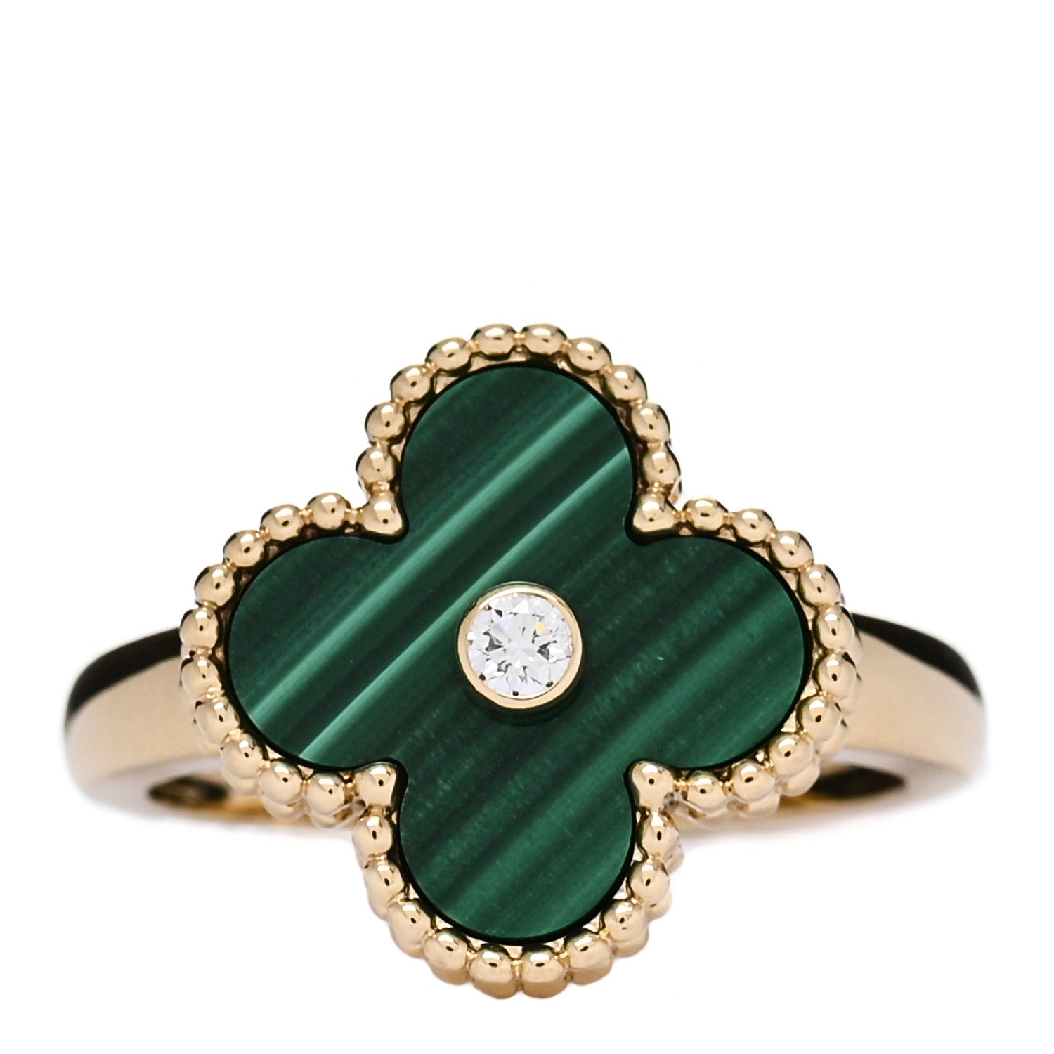 Van Cleef & Arpels 18K Yellow Gold Diamond Malachite Vintage Alhambra Ring 53 6.5 1 of 5